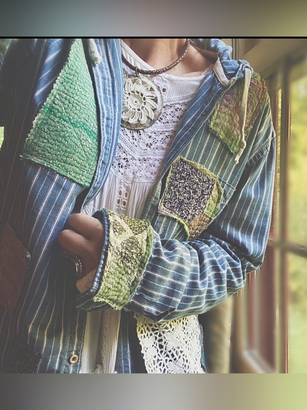 Button-Down Shirt with Vintage Patchwork ptp 22” length 28”. Cool Hoodie
